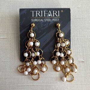 Trifari Gold Tone White Bead Cascade Drop Earrings 1990s Surgical Steel Post